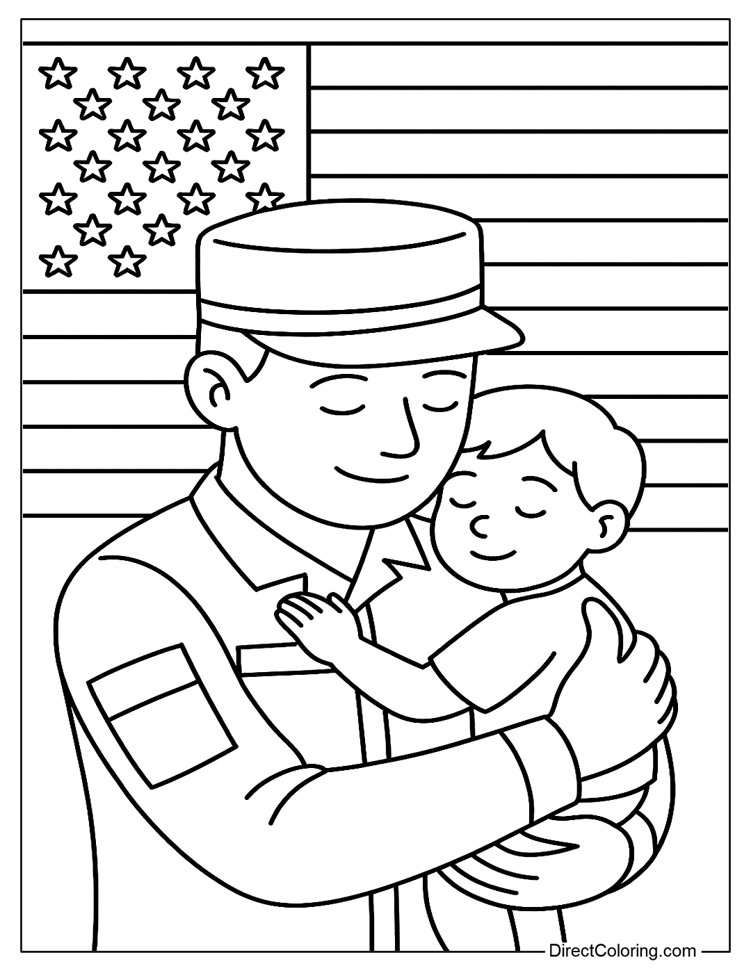 coloring page A soldier hugging a child in front of the American flag, showing love for family and country